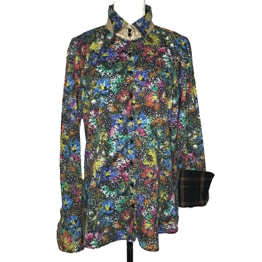 Georg Roth Los Angeles Floral Abstract Watercolor Sequin Neck Button Up Shirt